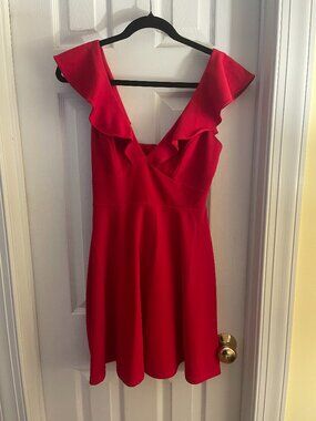 Red mini dress with ruffle neckline